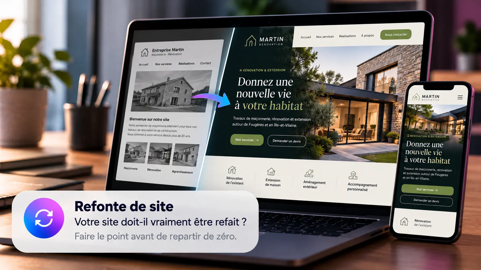 Exemple illustré d'une refonte de site internet, avec une ancienne version et une nouvelle interface responsive.